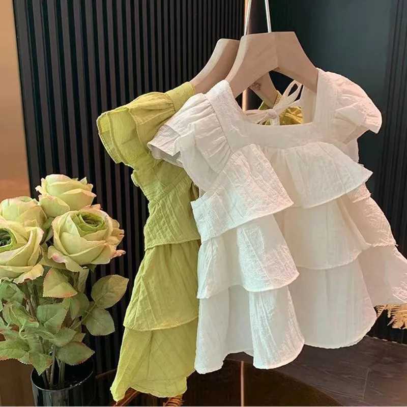 Clothing Sets Girls Summer Set 2024 New Childrens Cowboy Embroidered Shorts Baby Ruffle Edge Tank Top Skirt Two Piece Set Trendy