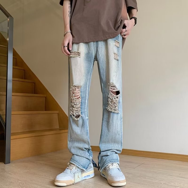 Yellow mud ripped jeans summer thin American high street men's trendy pants style zipper slightly flared