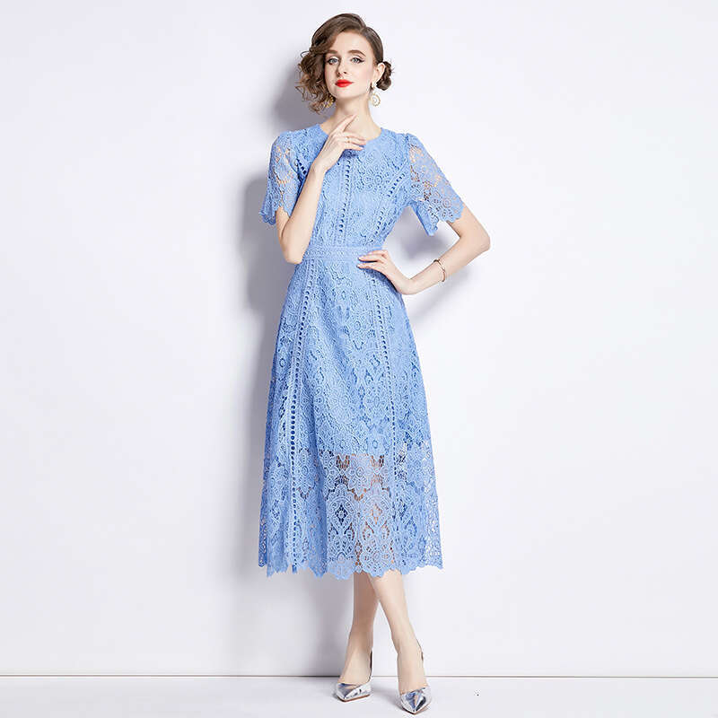 French Haute Couture Lace Patchwork Round Necked for Womens Summer New Collection Waist Slimming Style Large Hem Dress Pregnant Womens Dress High Wais