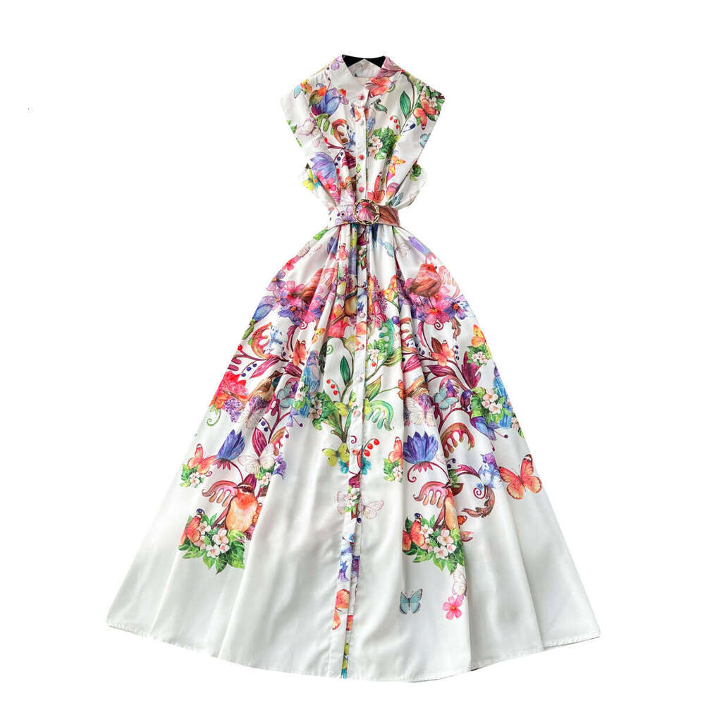 French Haute Couture Socialite Style Dress, Holiday Design, Printed Slim Fit Long Sleeveless Shirt Dress Self-cultivation Bifurcated SKINNY DRESS Lace