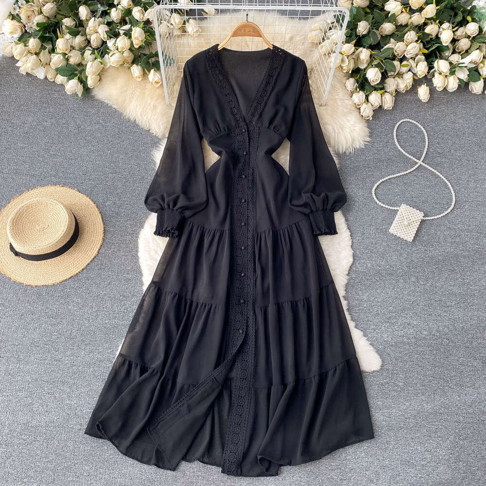 French Court Style Lace V-neck with Slim Waist and A Single Breasted Large Hem Dress Chiffon Floral Dress Loose Bifurcated Novelty Temperament BOHO DR