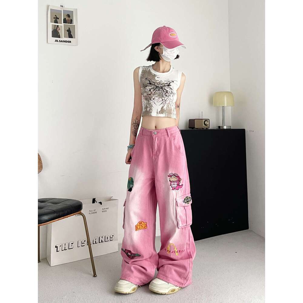 American Cartoon Embroidered Pink Workwear Jeans with High Street Design, Loose Straight Wide Leg Pants Sport Men Pants Cotton Gold Velvet Pants
