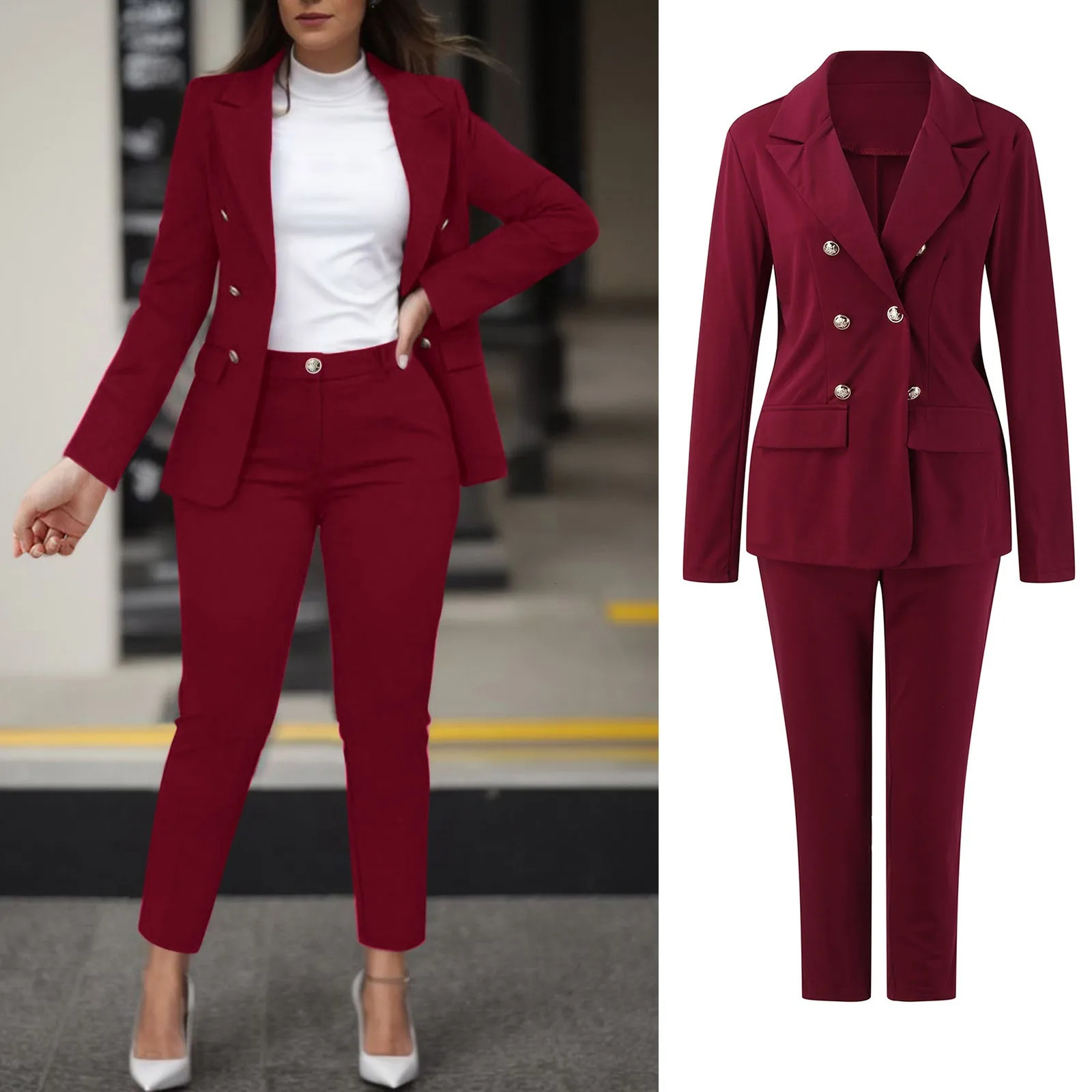 Womens Two Pieces Pant Sets Formal Business Double Breasted Blazers Jacket And Pants 2 Piece Set Elegant Ladies Suits 240712