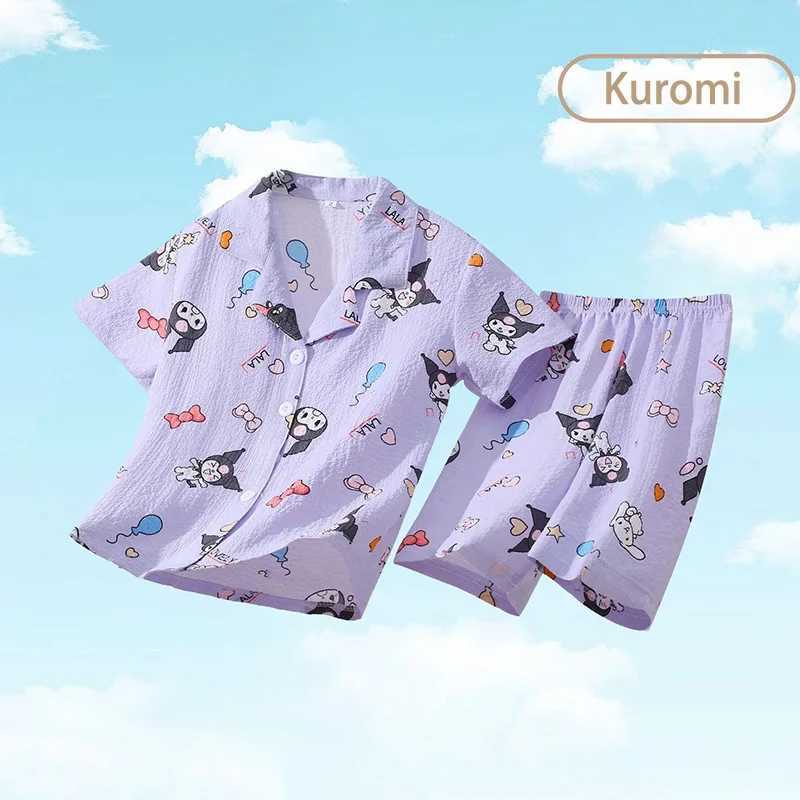 Summer Childrens Pajama Set Cute Anime Kuromi Cinnamon My Melody Childrens Short sleeved Pajamas Girl Boy CardiganW240716