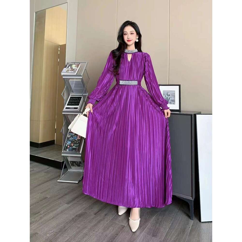 High End Luxury Socialite Round Necked Lantern Long Sleeved Waist Cinched Pleated Studded Bead Heavy Work High Show Slim Temperament Dress for Women L