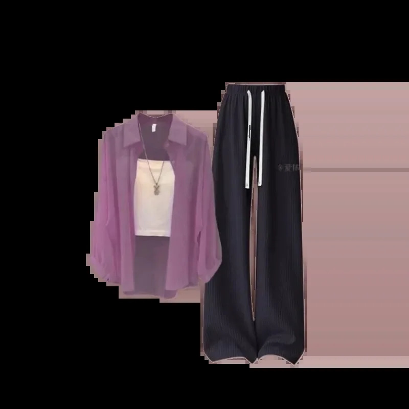 2024 Summer Korean Casual Tracksuit Matching Set Womens Loose Chiffon Sunscreen Shirtsuspenderwide Leg Pants 3 Piece Suit 240716