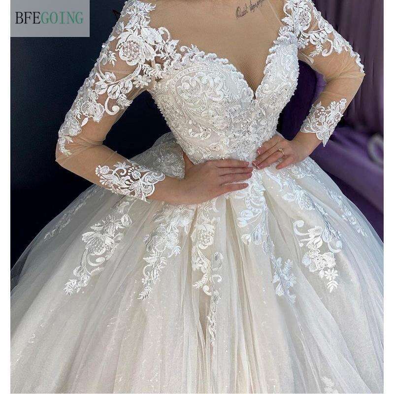 urious Ivory Lace Tulle Long Sleeves or-Length Ball Gown Wedding Dress Chapel Train Custom Made