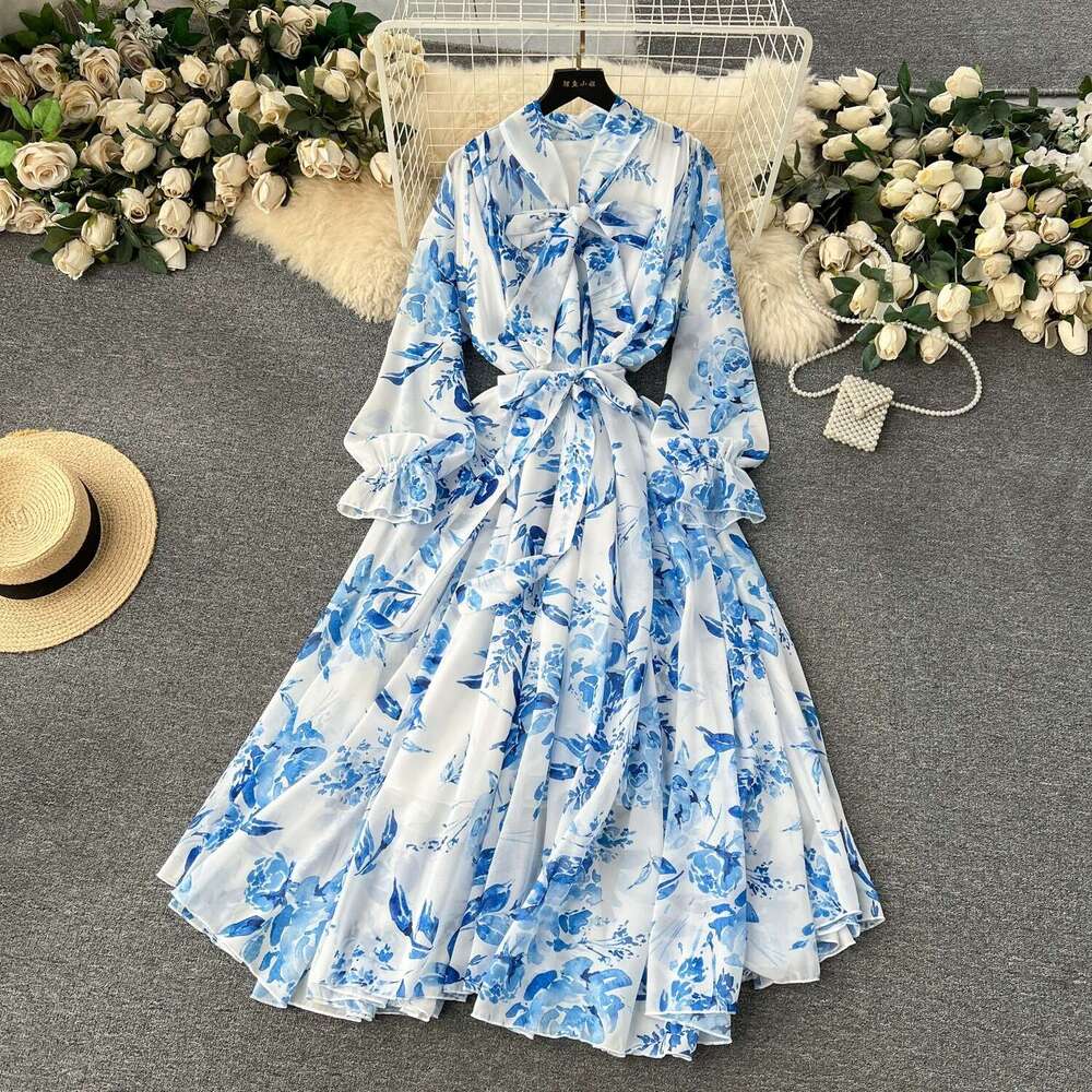 French and Elegant Dressing Spring Lace Up Bow Neck Slim Fit Long Swing Chiffon Vacation Dress Sexy Dress Self-cultivation Novelty High Waist Dress