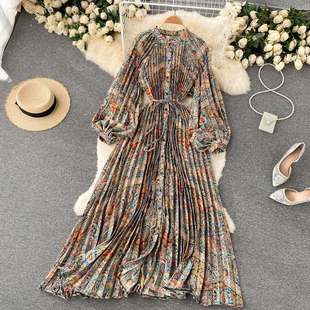 French Long Sleeved Shirt Dress with Temperament, Waist Cinching, Heavy Wrinkling, Elegant Printing, Socialite Vacation Skirt Loose Bifurcated High Wa