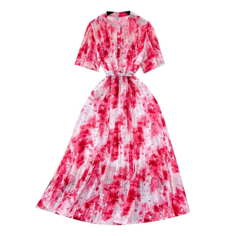 Light Luxury Elegant Round Neck Short Sleeved Halo Dyed Chiffon Dress for Women in Summer, with Slim Waist and A Large Hem Long Skirt Pregnant Womens 
