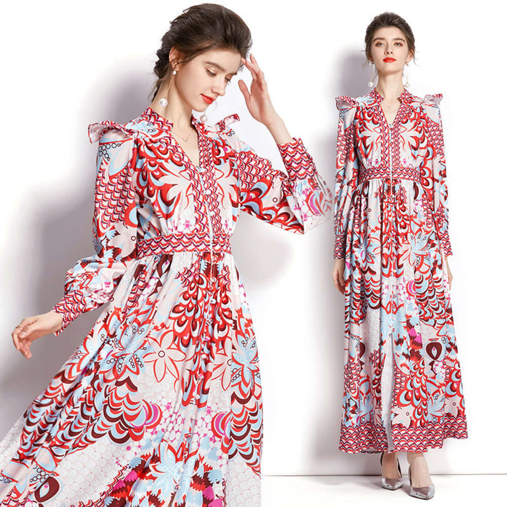 Spring Autumn Seasons Womens Clothing Slim and Elegant V-neck Sleeved Printed Flare Long Dress Self-cultivation Bifurcated Novelty Denim Dress SKINNY 