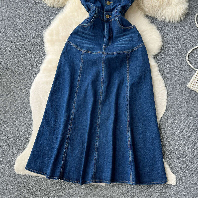 French Hepburn Style Denim Dress, Summer Waist Down, Slimming Temperament, Niche Design, Unique Long Skirt Chiffon Floral Dress Novelty Loose Silk Dre