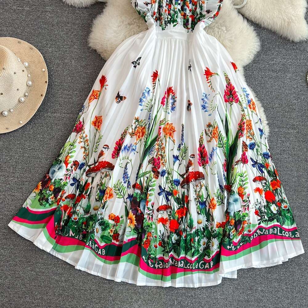 French Fashionable Countryside Flower Print Sleeveless Dress Summer New High Waist Slim Pressed Pleated Skirt Self-cultivation High Waist Dress Denim 