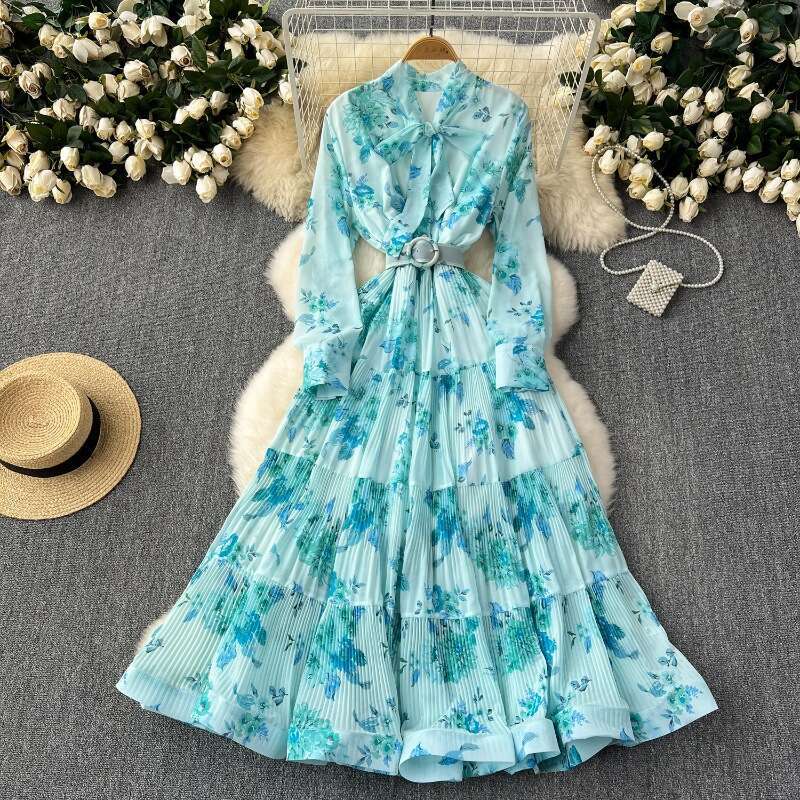 Light Mature Style 2024 New French Bow Tie Waist Wrap Large Ruffle Edge Fragmented Flower Long Dress Sexy Dress Waist Bifurcated Round Neck Dress Silk