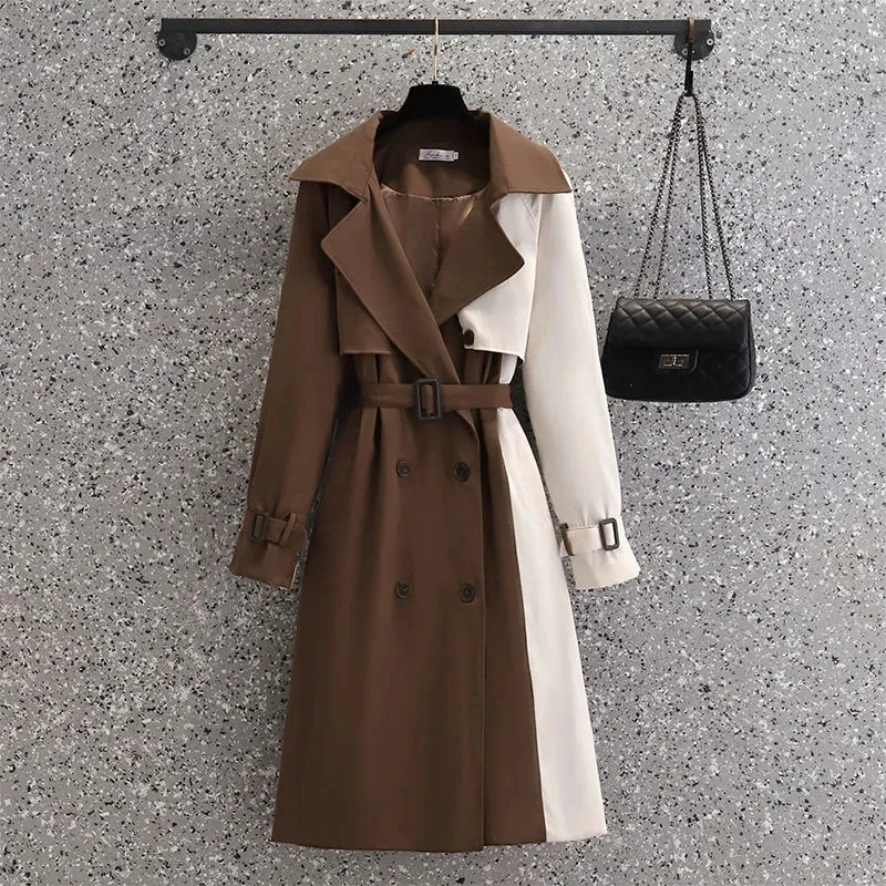 Autumn Korean Mid-length Trench Coat Women Fashion Contrast Color Patchwork Spring Windbreaker Coat Female Windproof Jacket 240716