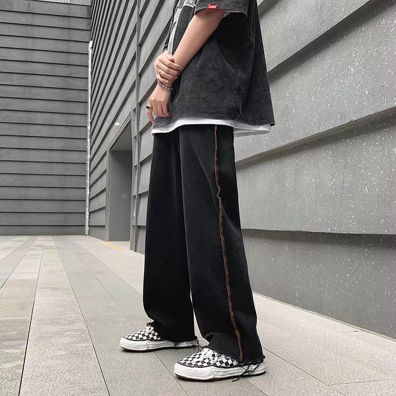 Edge stitched denim jeans for men, high street, CEC trendy brand, street hip-hop, loose fit, BF casual, wide leg, dad pants