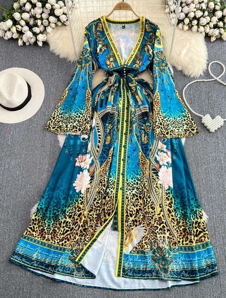 High End Temperament Speaker Sleeved V-neck Waistband Slimming Single Breasted A-line Printed Dress Elegant Long Skirt Short Temperament BOHO DRESS De