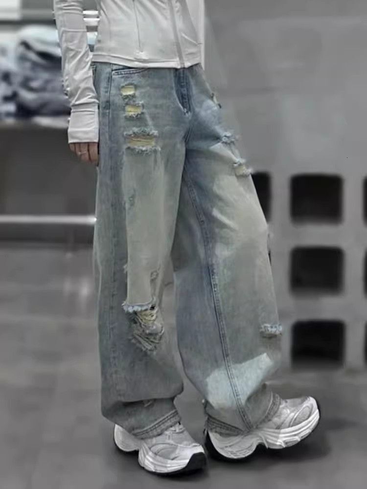 Straight American washed ripped wide leg jeans for women 2024 summer new casual floor pants loose fit