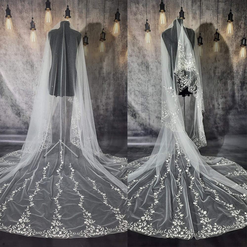 Sparkly Wedding Veil Appliques Appliques Long Royal Bridal Veil Shiny Special Cut with Comb Veil 3M White Ivory Wedding Accessories