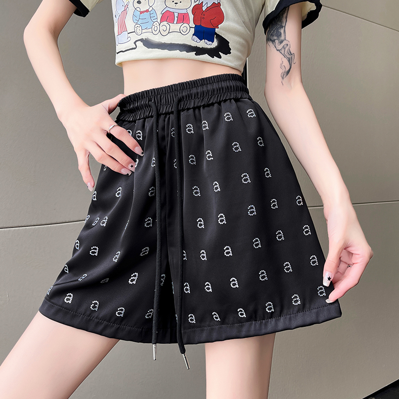 Lighing Delivery Acetic Acid Diamond Casual Wide Leg Shorts for Women 2024 Summer New Loose High Waist slimming A-line Hot Pants