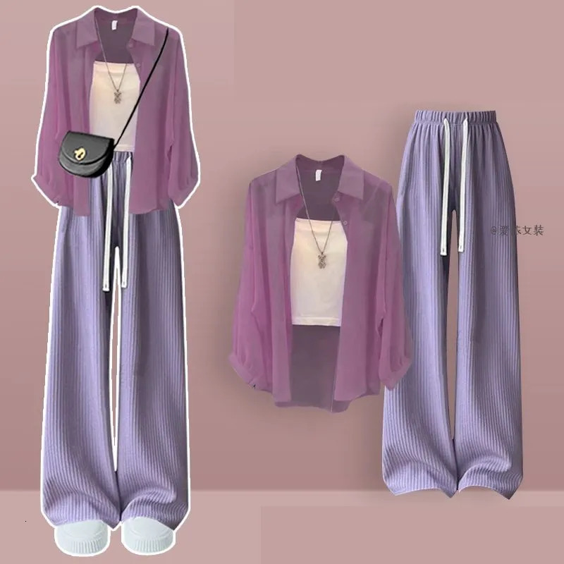 2024 Summer Korean Casual Tracksuit Matching Set Womens Loose Chiffon Sunscreen Shirtsuspenderwide Leg Pants 3 Piece Suit 240716