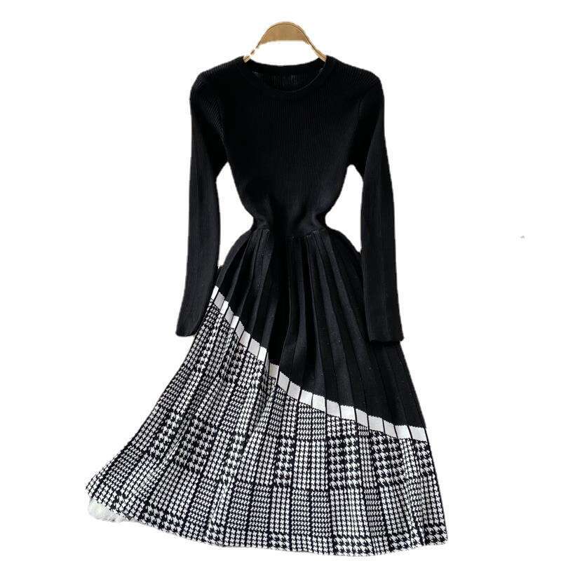 Woolen Dress with Coat, Autumn and Winter Round Neck Plaid Patchwork Knitted Dress, Mid to Long Pleated A-line Skirt Bifurcated Lace Dress Round Neck 