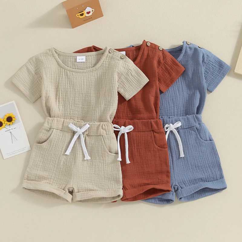 Clothing Sets Toddler Infant Boy Summer Set Children Clothes Short Sleeve Tops Elastic Waist Folded Hem Shorts with Pocket 2 Piece Boy Outfits