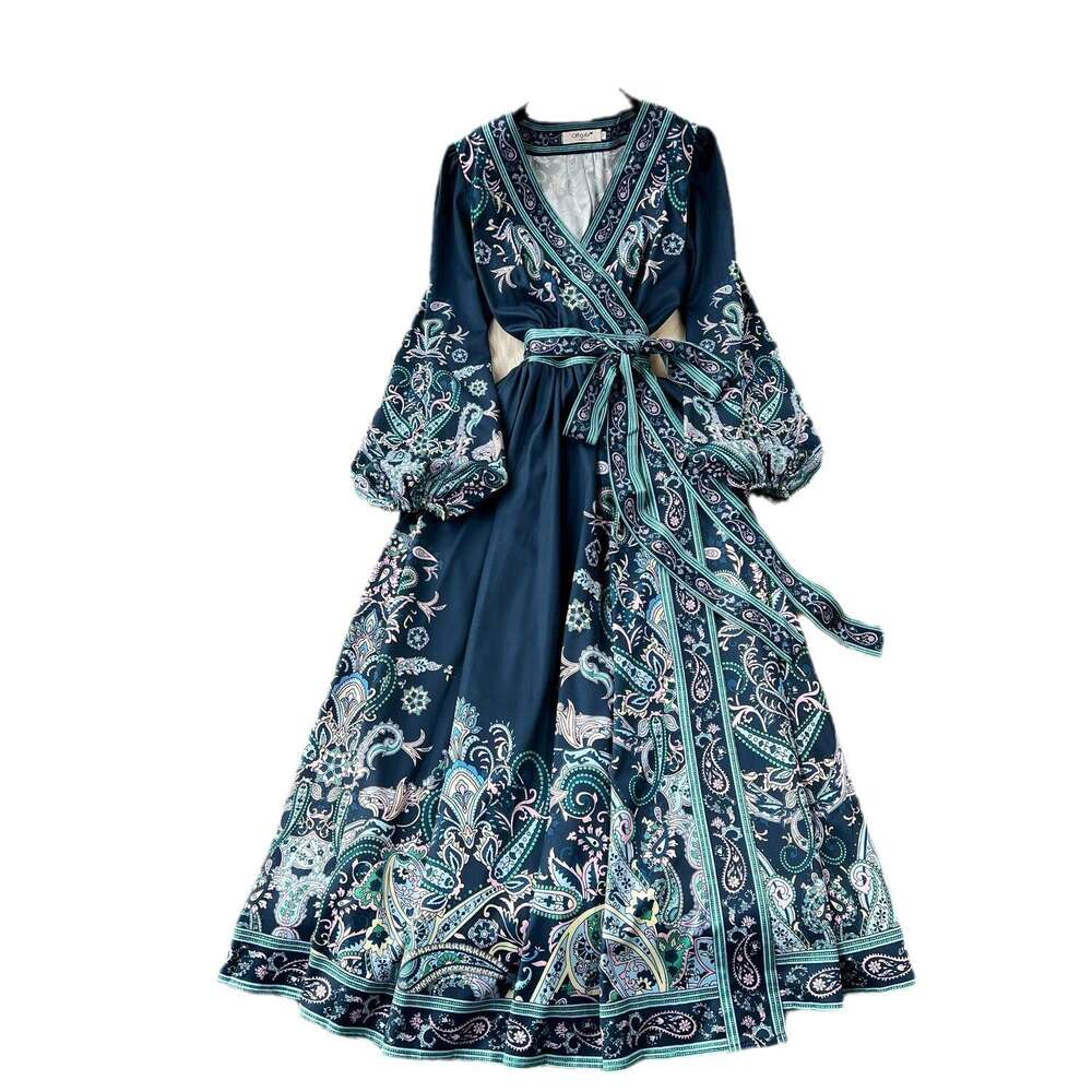 2024 New French One Piece Lace Up Waist Printing Womens Light Luxury Elegant Long Dress Bifurcated Short Novelty Waist Temperament Silk Dress Denim Dr