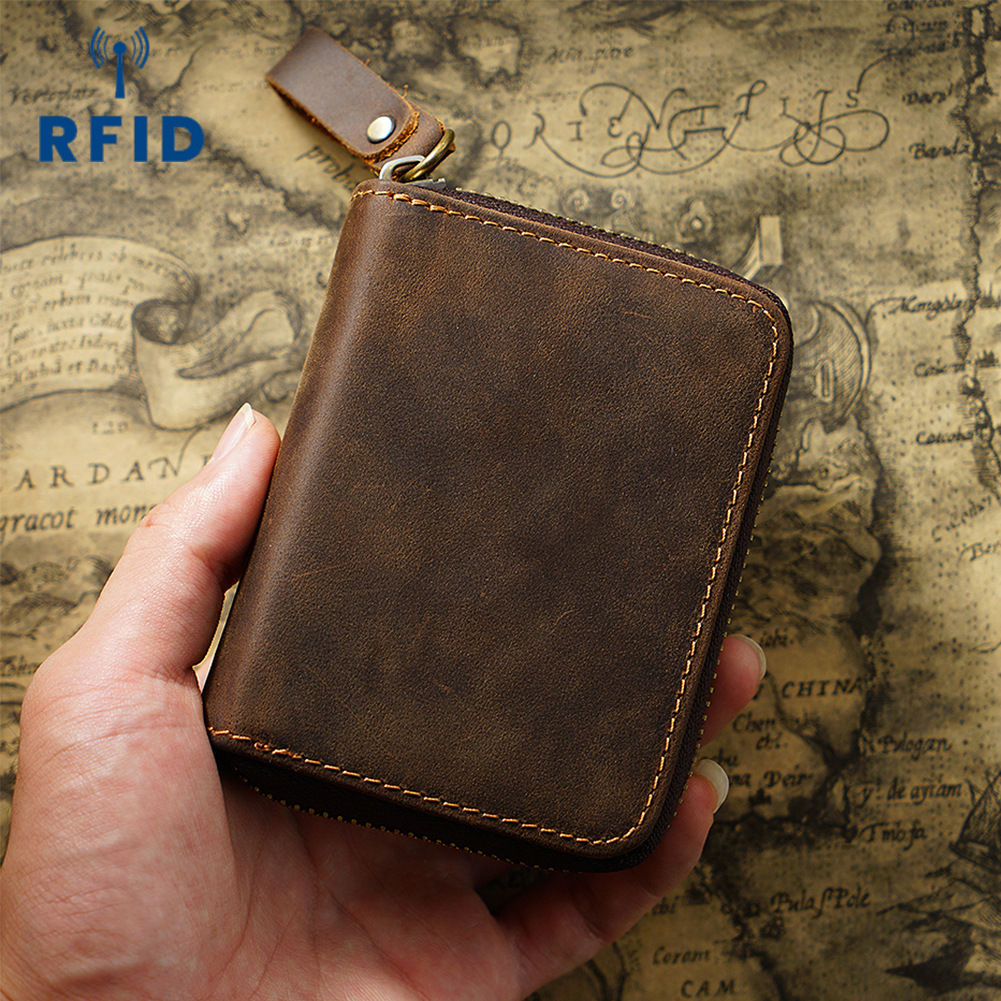 Crazy Horse Leather Card Holder for Men Zipper Card Wallet Rfid Card Purse For Male Carteras With Cardholders Woman Purse