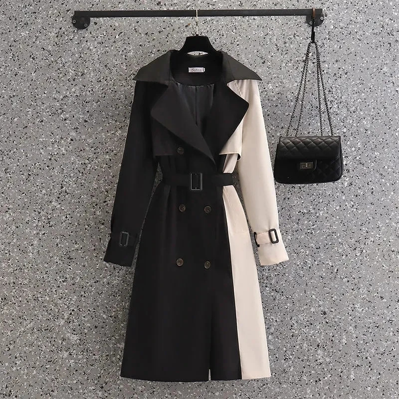 Autumn Korean Mid-length Trench Coat Women Fashion Contrast Color Patchwork Spring Windbreaker Coat Female Windproof Jacket 240716