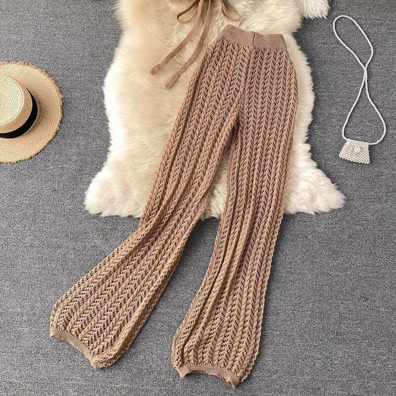 Seaside Hot Spring Resort Set Womens Summer Sexy Bikini Strap Hanging Neck Design with Hollow Knitted Wide Leg Pants Pregnant Womens Dress BOHO DRESS