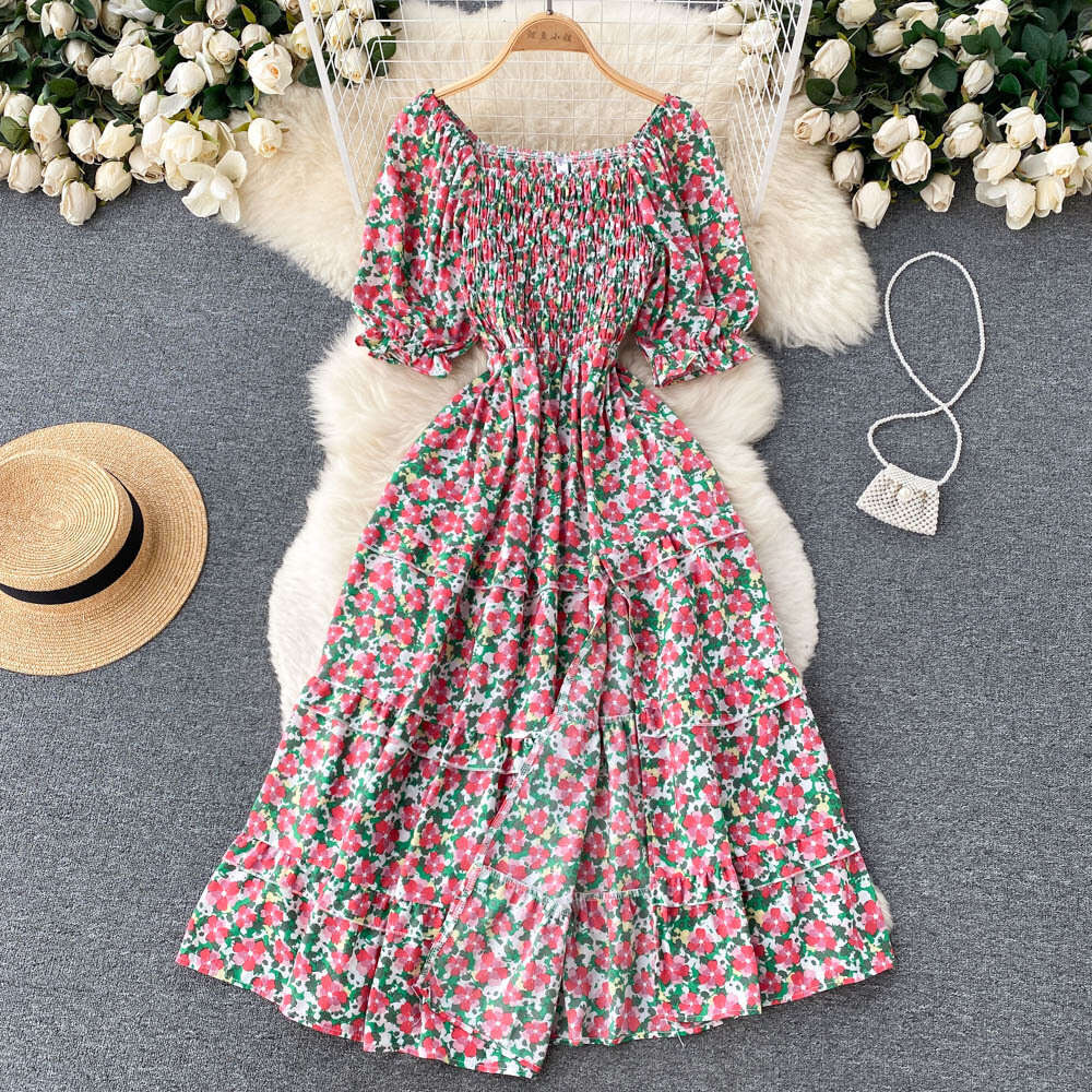 Korean Version of Chic Style Fairy Sweet Slim Fit Square Neck Bubble Sleeve Floral Dress Super Immortal Temperament A-line Skirt Pregnant Womens Dress