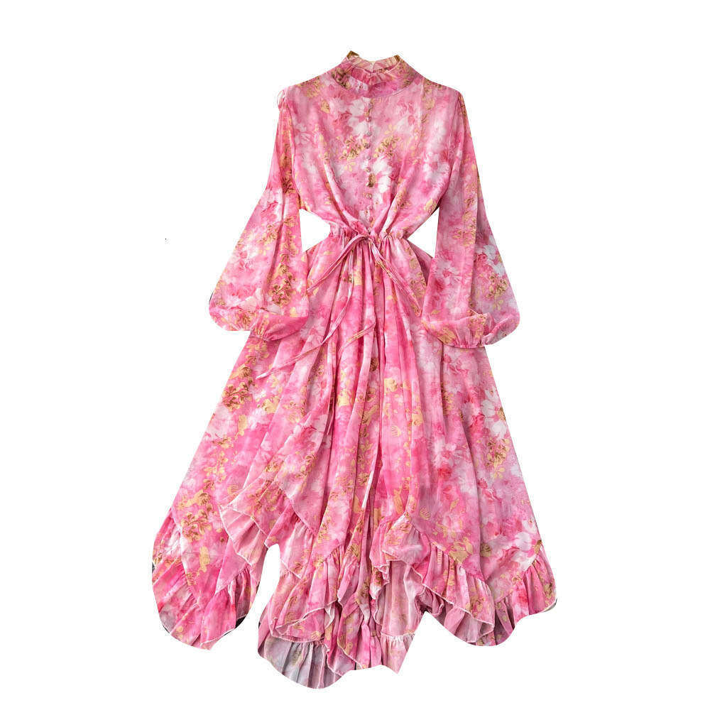 European Style Lantern Sleeve Floral Dress for Women with Spring Drawstring Waist Design, Sleeved Ruffled Edge Fairy Long Skirt Loose Temperament Silk