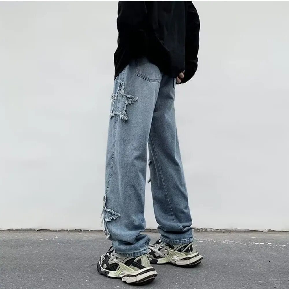 New Fashion Stars Towel Embroidery Baggy Men Pants Y2K Clothes Straight Hip Hop Cotton Trousers Pantalon Man Jeans