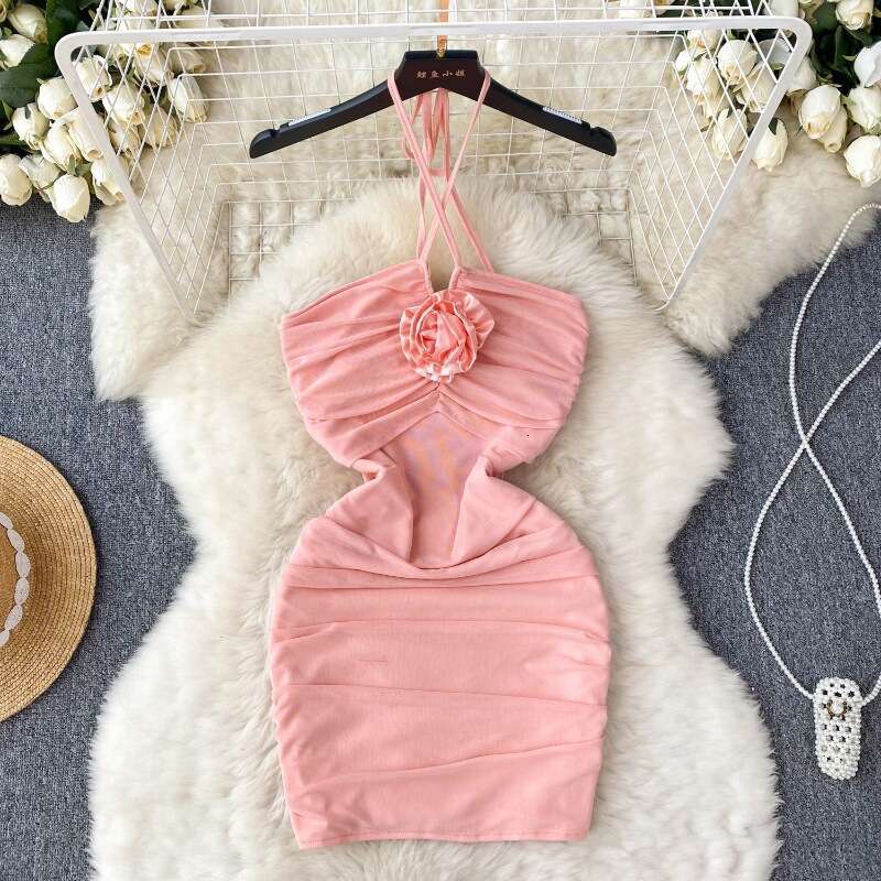 Hanging Neck Dress for Women in Summer, Three-dimensional Flower, Scheming, Pleated, Slim Fitting Style, Sexy Buttocks Wrapped Short Skirt, Trendy Dre
