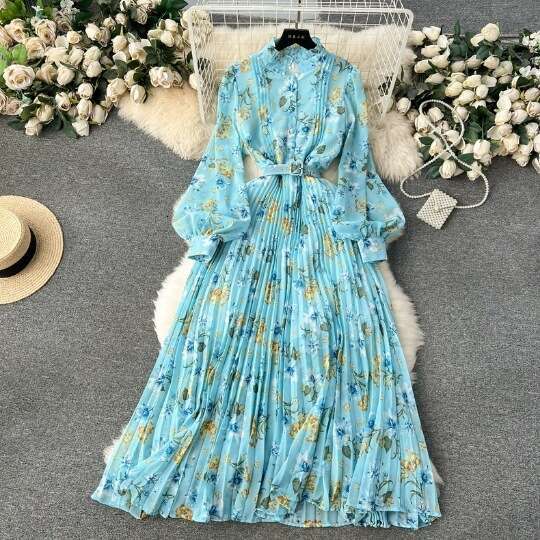 Spring New Sweet Auricularia Edge Button Slim Fit Long Hundred Fold Chiffon Dress with Fragmented Flowers Bubble Sleeves French Womens Temperament Lac