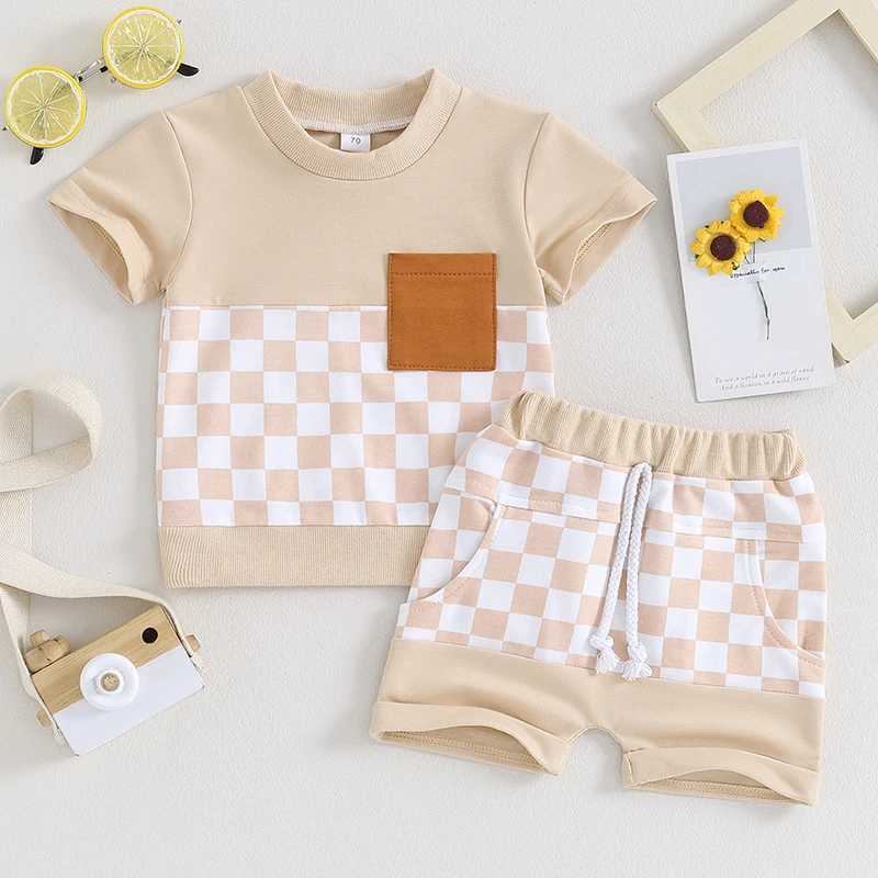 Clothing Sets 2Pcs Baby Boy Summer Outfit Toddler Newborn Infant Checkerboard Print Short Sleeve Pocket T-Shirt Shorts Set Toddler Boy Clothes