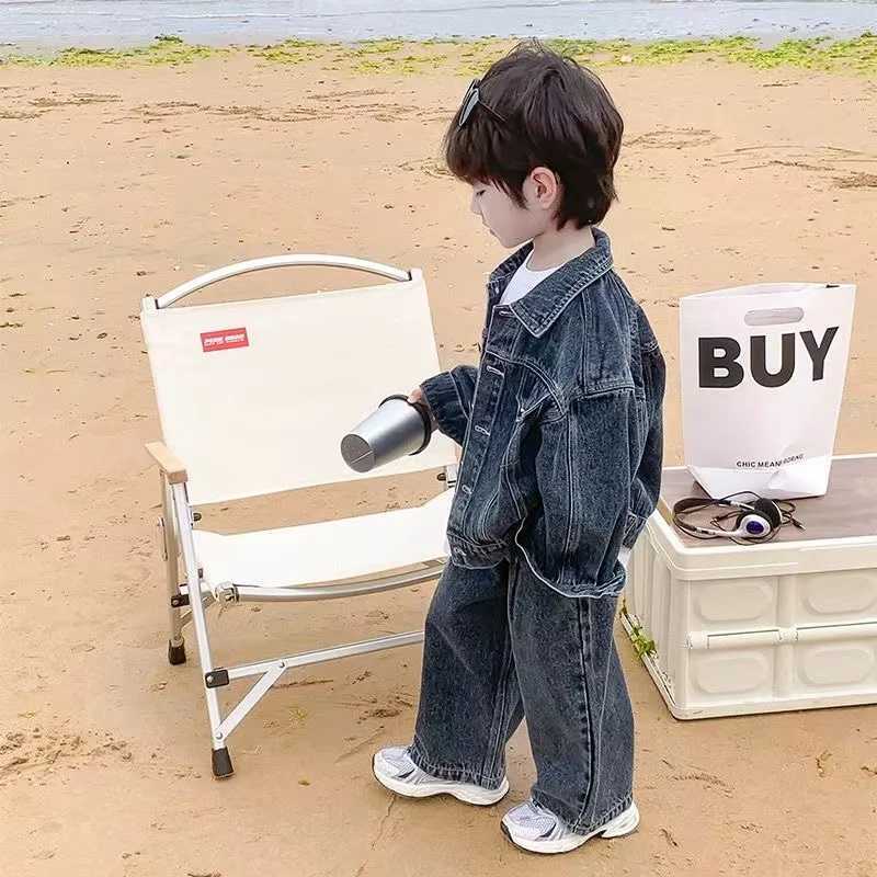 Clothing Sets Boys Cowboy Set Spring and Autumn 2024 New Childrens Cool and Fashionable Top+Wide Leg Pants Two Piece Set Trendy