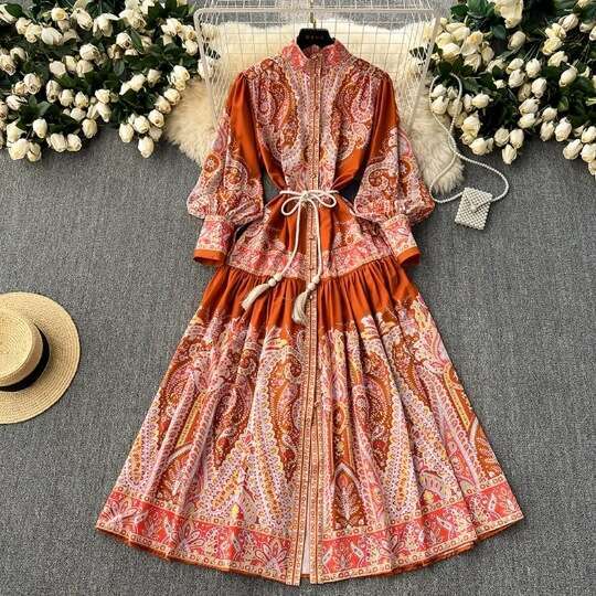 New Elegant and Ethnic Style Standing Neck with Single Breasted Waist for Slimming Print French Long Womens Dress Temperament Sexy Denim Dress BOHO DR