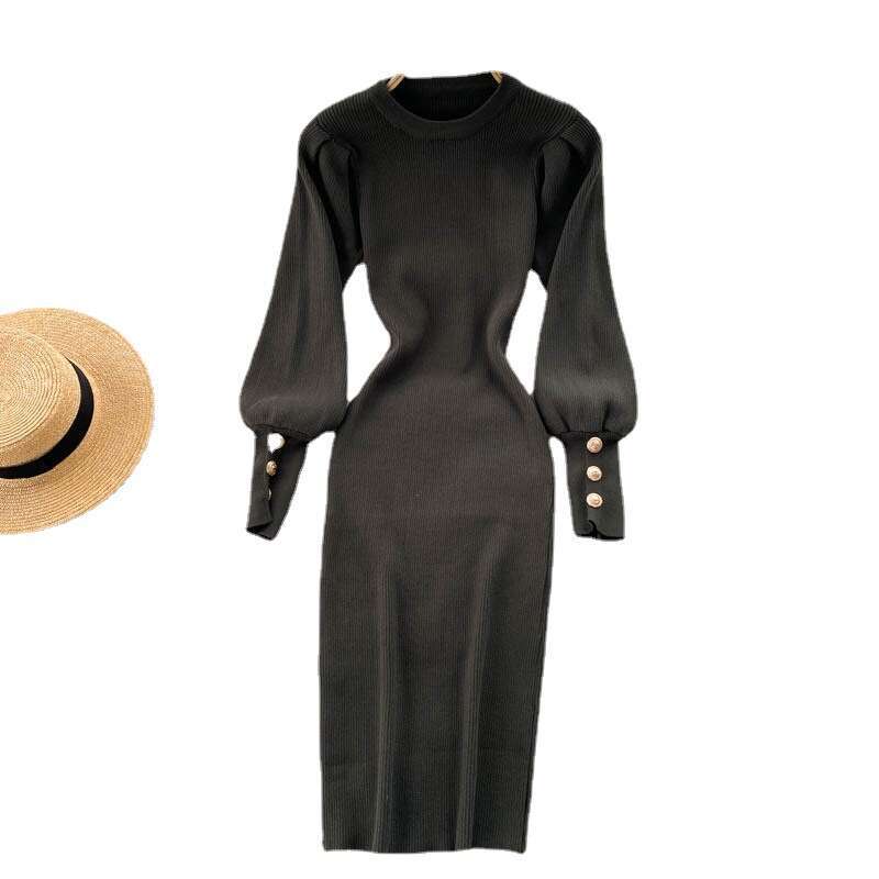 Ins Breasted Bubble Sleeves Slim Fit Short Style with A Sense of Waist and Hips, Elastic Knit Dress for Women Waist Pregnant Womens Dress BOHO DRESS
