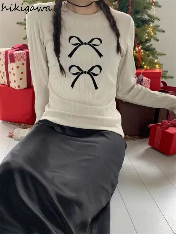 Simple Fashion Tshirts for Women Bow Print Casual Tees Ropa Mujer Long Sleeve O-neck Crop Tops Temperament Ladies T Shirts 240715