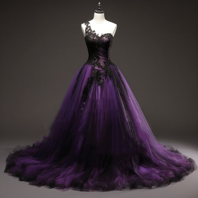 One Shoulder Gothic Wedding Dresses Sleeveless Black And Purple Long Ball Gown Bridal Dress Lace Appliques Back Lace-Up Pleats Tulle Vestido De Novia 