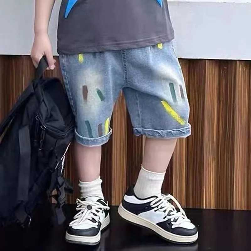 Clothing Sets Boys Summer Set 2024 New Boys Summer 3D Pattern Top+Denim Shorts Childrens Handsome Short Sleeve Two Piece Set Kids Outfits