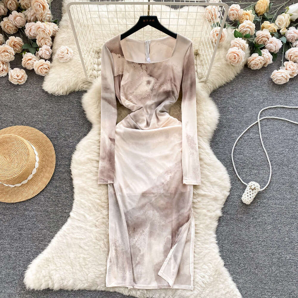 New Spring Style Square Neck Slim Fit Mid Length Knee Skirt Small and Irregular Halo Dyed Long Sleeve Dress Sexy Temperament Denim Dress