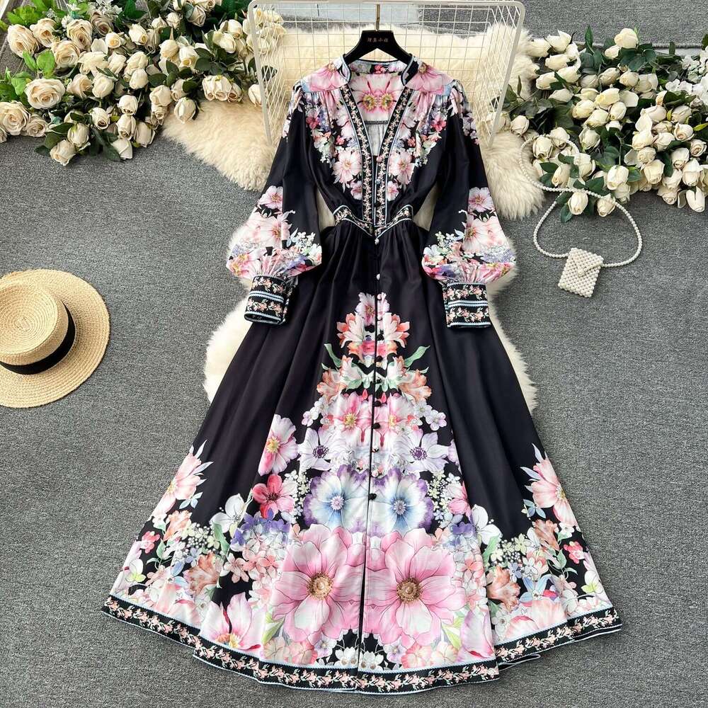 Early Spring New French Printed Button Slim Fit Long Fashionable Bubble Sleeves with Elegant Dress Sexy Loose Bifurcated Novelty Waist Oversize Dress