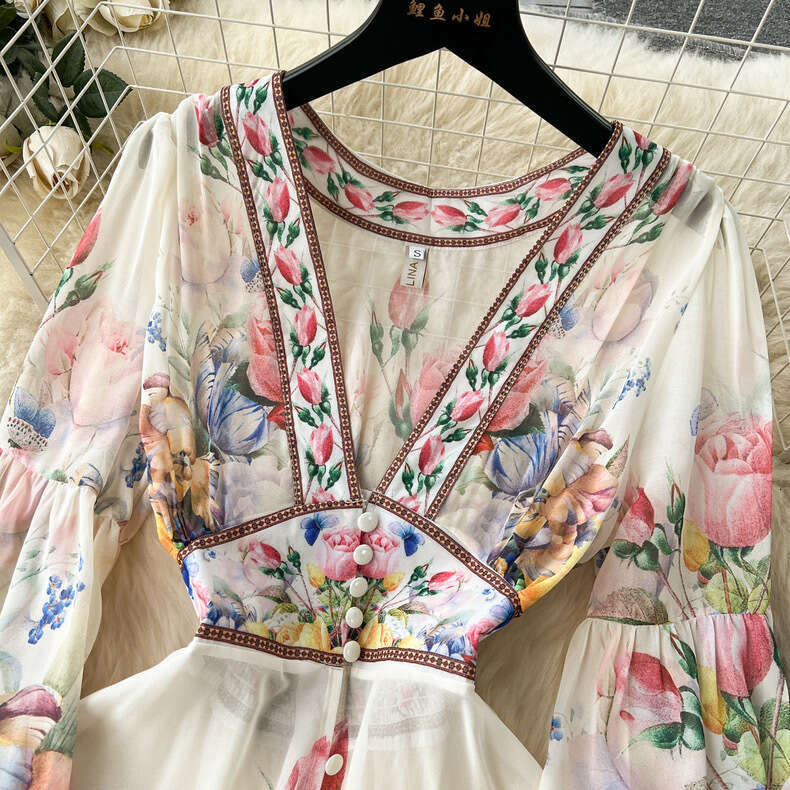 European Palace Style, Temperament, Dress Design, Flared Sleeves, Slim Fit, Long Chiffon Ruffle Edge Skirt Floral Dress Short Novelty Oversize Dress