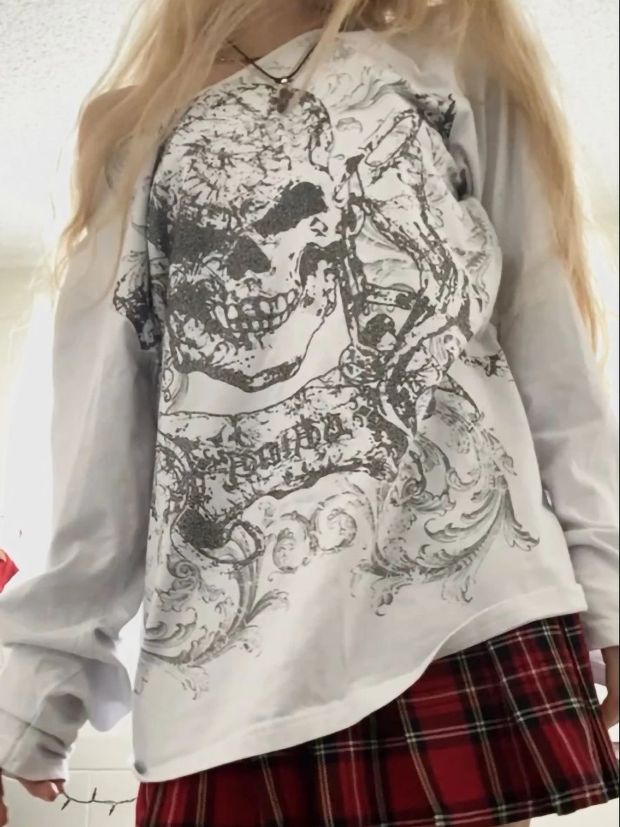 Halloween Womens Long Sleeve Off Shoulder Skull Print Pullover Punk Tops Y2K Grunge Fairy TShirt Street 240715