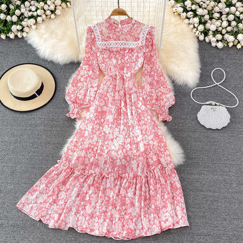 Spring and Autumn French Grand Swing Long Super Fairy Fragrant Flower Skirt Lantern Sleeve High Waist Look Skinny Lotus Leaf Edge Stand Up Collar Dres