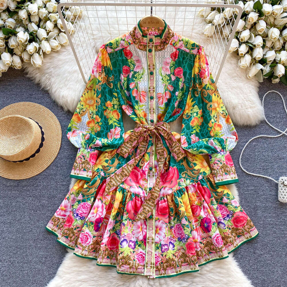Fanhua Series Palace Style Spring Dress, Womens Design, Printed Slim Fit Short Style, High-end Small Dress Gift Loose Short Bifurcated Round Neck Dres