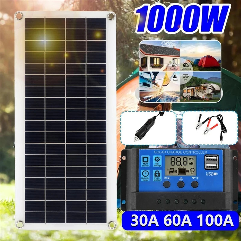 1000W Solar Panel 12V Cell 100A 30A 60A Controller Charge for Phone RV Car MP3 PAD Charger Outdoor Battery Supply 240711